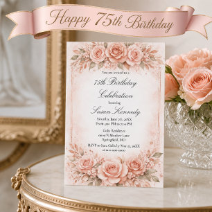 Invitation 75e étape Fardée Rose Élégante Fête d'anniversaire