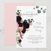 Invitation 75e fête d'anniversaire Blush & Bourgogne Floral (Devant / Derrière)