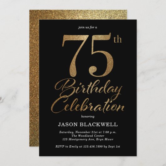 Invitation 75e fête d'anniversaire Noir & Or (Devant / Derrière)