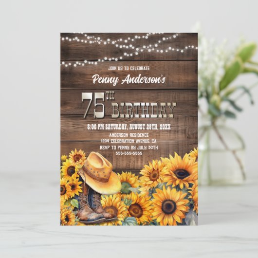 Invitation 75e fête d'anniversaire Tournesol en bois rustique (Debout devant)
