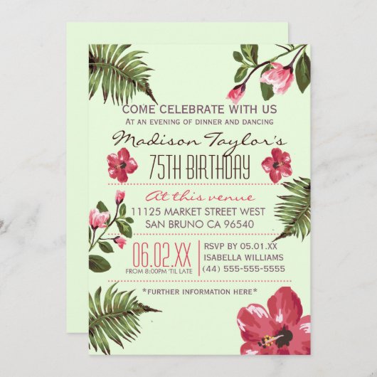 Invitation 75e Feuilles d'Hibiscus exotiques et de palmiers t (Devant / Derrière)