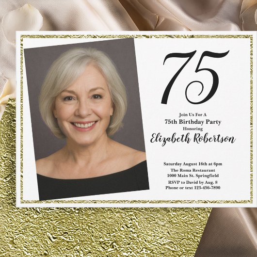 Invitation 75e photo personnalisée Blanc et Or