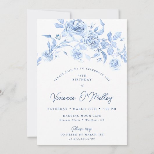 Invitation 75th Birthday Party Dusty Blue Floral (Devant)