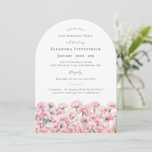 Invitation 75th Birthday Pink Carnation January Birth Flower (Debout devant)