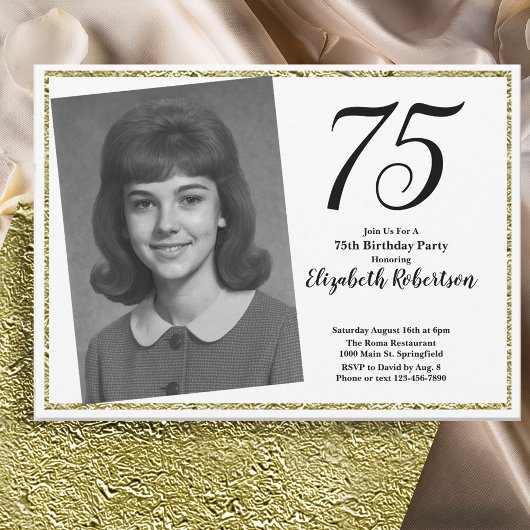 Invitation 75th Custom Photo White and Gold 