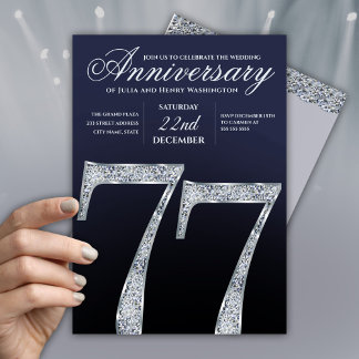 Invitation 77e Anniversaire Diamant Argent Bleu Marine Modern