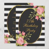 Invitation 77e anniversaire Floral Black White Stripes Gold F (Devant / Derrière)
