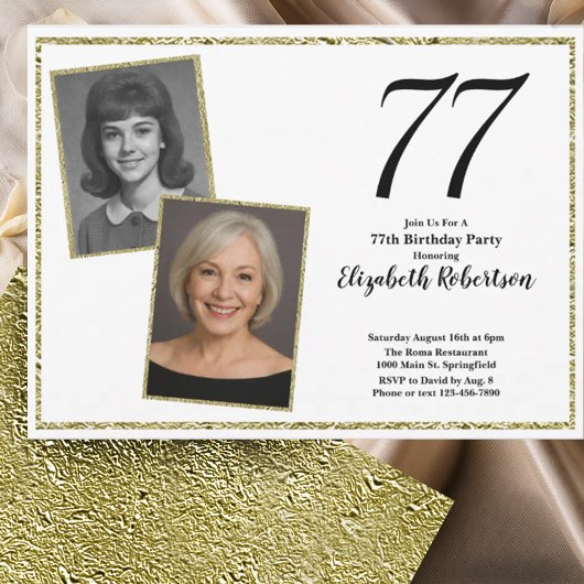 Invitation 77th Custom Photo White and Gold