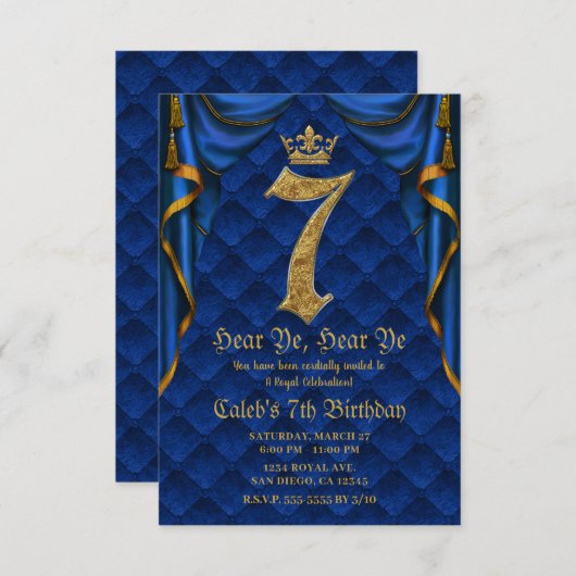 Invitation 7E 7 Anniversaire Fête Royal Blue Gold Crown (Devant / Derrière)