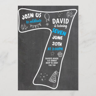 Invitation 7e anniversaire Boy Chalkboard Blue Numéro