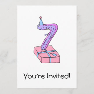 Invitation 7e anniversaire Caricature rose et violet.