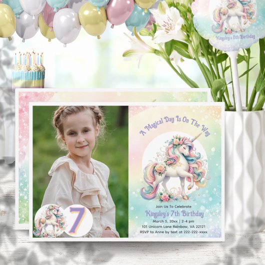 Invitation 7e anniversaire de la Unicorn Pastel Rainbow