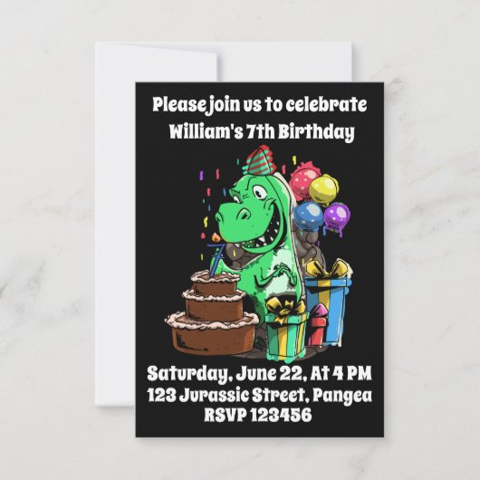 Invitation 7e anniversaire, dinosaure, anniversaire, pour gar (Devant)