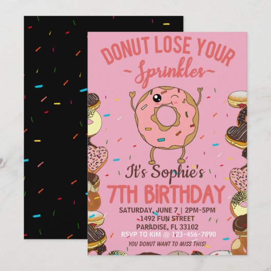 Invitation 7e anniversaire Donut Perdre vos arrosages Filles (Devant / Derrière)