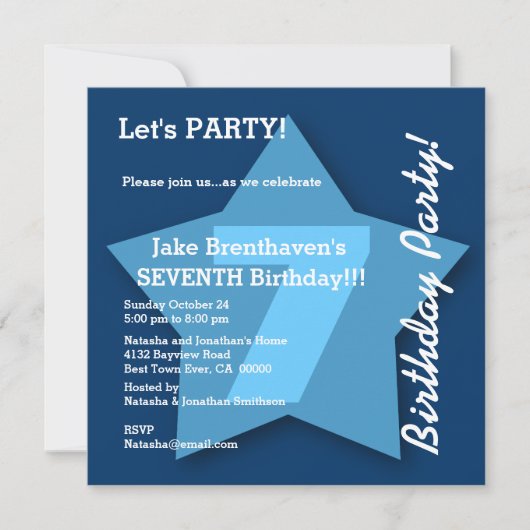Invitation 7e anniversaire ENFANTS Sept ans Big Blue Star K07 (Devant)