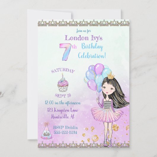 Invitation 7e anniversaire fille princesse Cupcake Ballons (Devant)