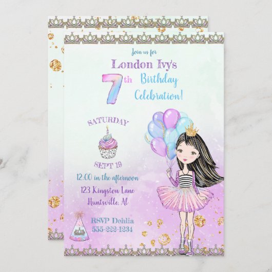 Invitation 7e anniversaire fille princesse Cupcake Ballons (Devant / Derrière)