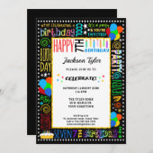 Invitation 7e anniversaire Fun Couleur Crazy Texte sur Black  (Devant / Derrière)