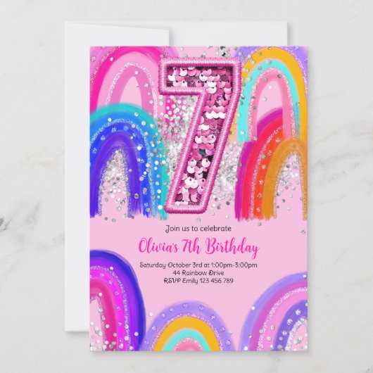 Invitation 7e anniversaire Rainbow Pink Party (Devant)