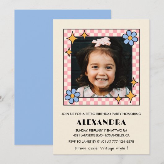 Invitation 7e anniversaire Retro Super Blue Floral (Devant / Derrière)