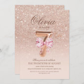 Invitation 7e anniversaire Rose rose or bow fête d'anniversai (Devant / Derrière)