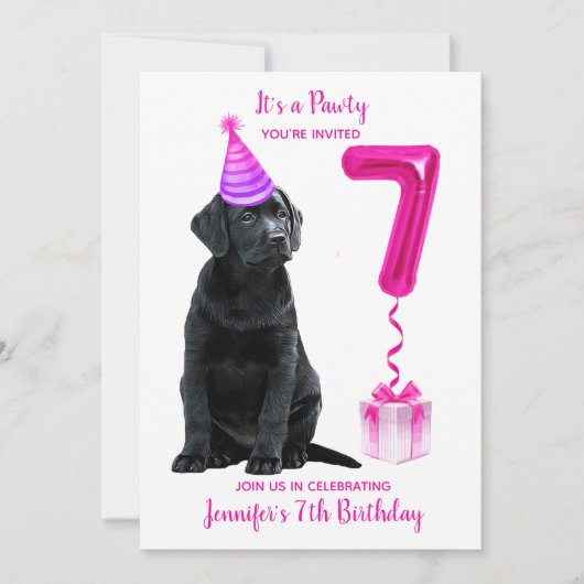 Invitation 7e anniversaire Thème de chiot - mignon chien rose (Devant)