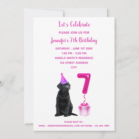 Invitation 7e anniversaire Thème de chiot - mignon chien rose (Dos)