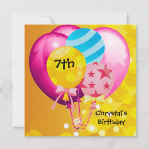 Invitation 7e fête d'anniversaire Pink Yellow Blue Balloons G