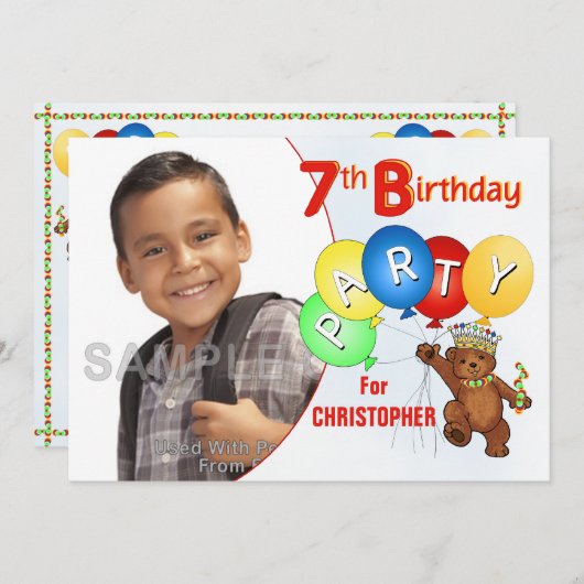 Invitation 7e fête d'anniversaire Royal Teddy Bear (Devant / Derrière)