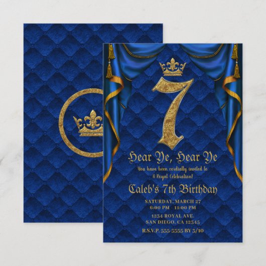 Invitation 7ème fête d'anniversaire 7 Couronne royale bleue o (Devant / Derrière)