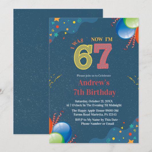 Invitation 7th Birthday I Was 6 Now I’m 7 custom (Devant / Derrière)