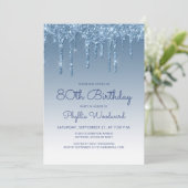 Invitation 80 ans Chic Glitter Drip Bleu (Debout devant)