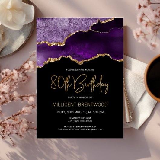 Invitation 80 ans élégante avec agate or violet