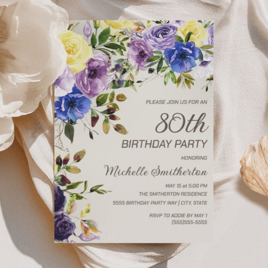 Invitation 80 ans Fleurs aquarelle Jaune Violet