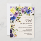 Invitation 80 ans Fleurs aquarelle Jaune Violet (Devant)