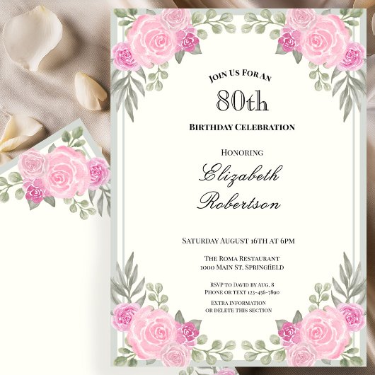 Invitation 80 ans Fleurs Rose et Vert Sauge