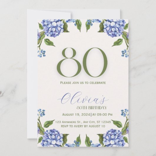 Invitation 80 ans Hydrangea Aquarelle Bleu Vert (Devant)