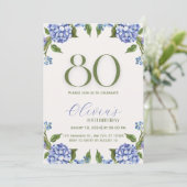 Invitation 80 ans Hydrangea Aquarelle Bleu Vert (Debout devant)