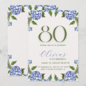 Invitation 80 ans Hydrangea Aquarelle Bleu Vert (Devant / Derrière)