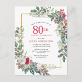 Invitation 80 ans Rose Blanche Rouge Floral Houx (Devant)