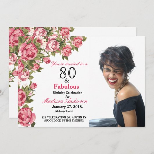 Invitation 80 et fabuleux floral | 80e anniversaire Invitatio (Devant / Derrière)