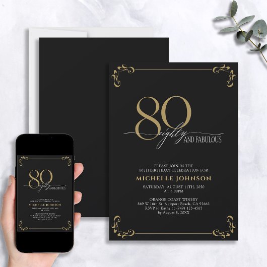 Invitation 80 & Fabuleux Black & Gold Calligraphy Anniversair