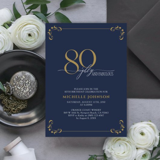 Invitation 80 & Fabuleux Blue & Gold Calligraphy Anniversaire