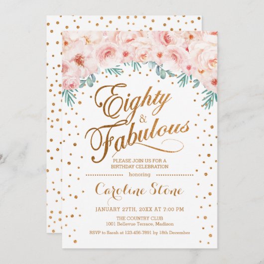 Invitation 80 Fabuleux fête d'anniversaire - Rose or blanc (Devant / Derrière)