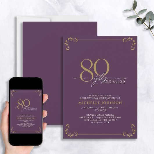 Invitation 80 & Fabuleux Purple & Gold Calligraphy Anniversai