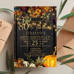 Invitation 80 fabulous years<br><div class="desc">Beautiful rusty orange and dark burgundy autumn fall flowers and pumkin borders with strings of golden twinkle lights over a dark brown barn wood background making a charming elegant 80 ans birthday invitation with a trendy handwriting typographiy script. Easy to personalize with your details! Suitable for traditional rustic country |...</div>