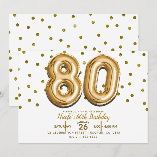 Invitation 80 Gold Balloons & Confetti 80e fête d'anniversair (Devant / Derrière)