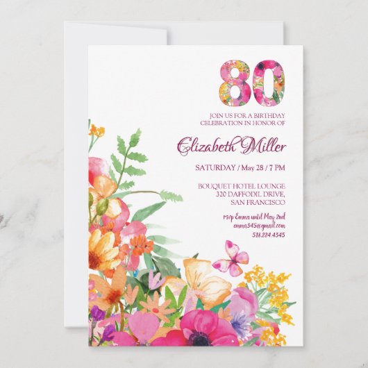 Invitation 80 Years Flowers Butterflies 80th Birthday (Devant)