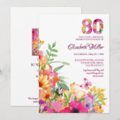 Invitation 80 Years Flowers Butterflies 80th Birthday (Devant / Derrière)