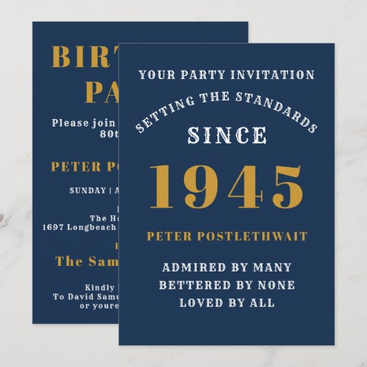 Invitation 80e Anniversaire 1945 Blue Gold Personnalisé Pour (Devant / Derrière)